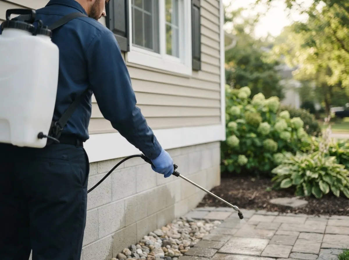 Pest control technician inspecting a home in Staplehurst, NE